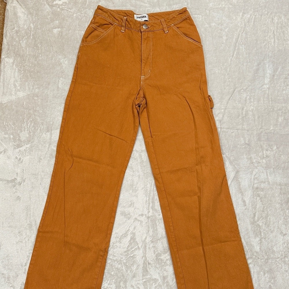 RSQ Carpenter Pants Women Small Rust Orange Contrast Stitch Wide Leg Utility